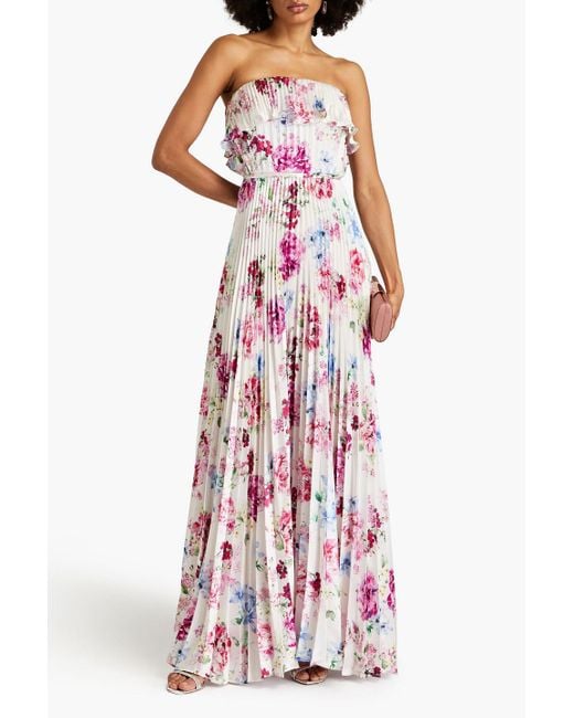 ML Monique Lhuillier White Strapless Pleated Floral-print Hammered-satin Maxi Dress