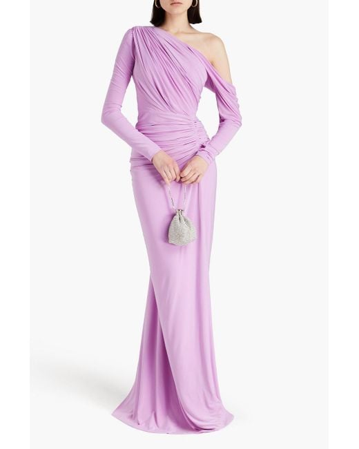 Rhea Costa Pink One-shoulder Ruched Satin-jersey Gown