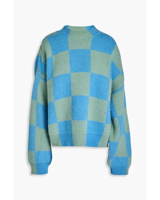 Stine Goya Blue Adonis Checked Jacquard-Knit Sweater