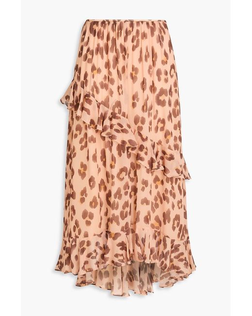 Zimmermann Pink Ruffled Leopard-Print Crepe De Chine Midi Skirt