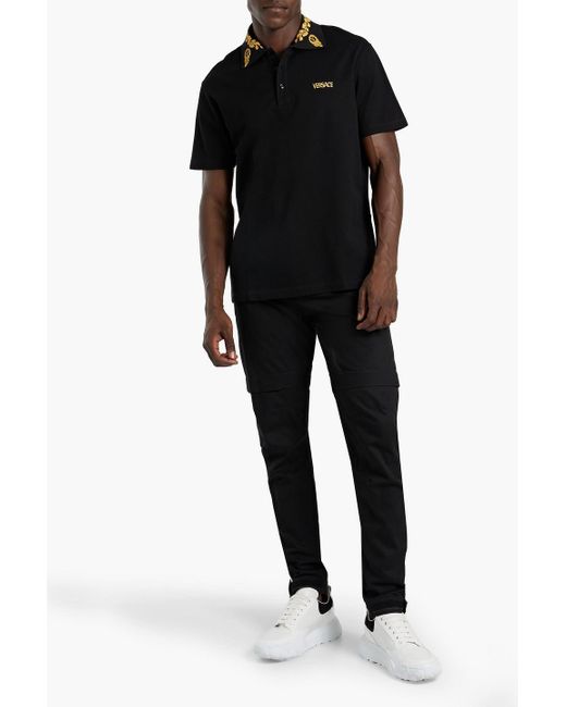 Versace Black Embroidered Cotton-piqué Polo Shirt for men