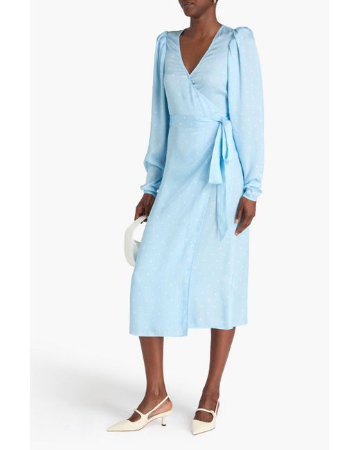 ROTATE BIRGER CHRISTENSEN Blue Polka-Dot Hammered-Satin Midi Wrap Dress