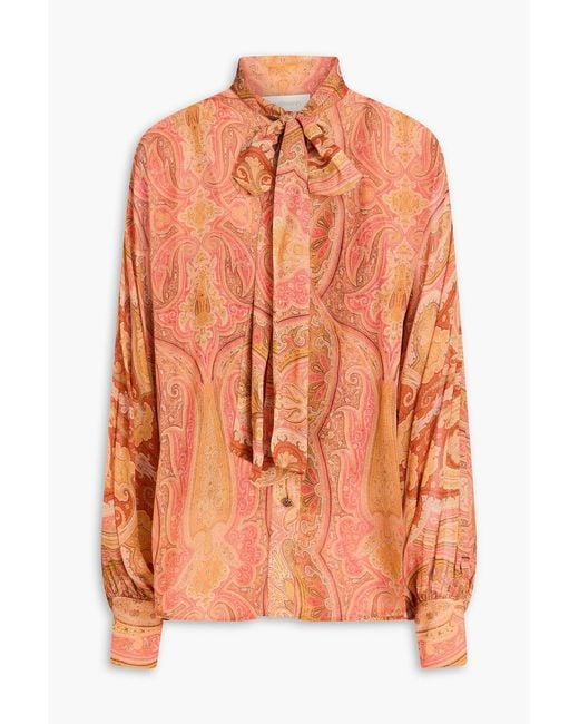 Zimmermann Orange Pussy-Bow Paisley-Print Georgette Blouse
