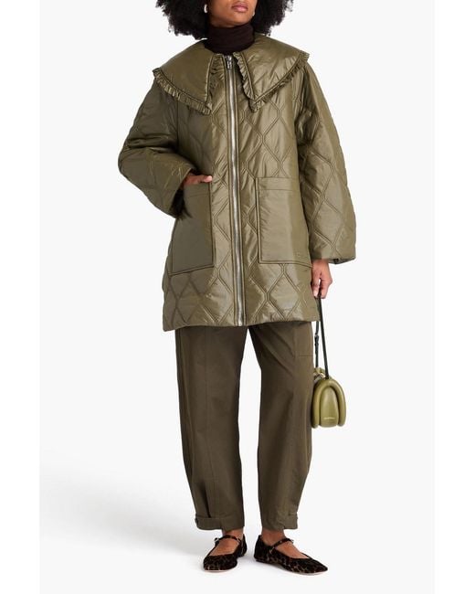 Ganni Green Ruffled Quilted Shell Jacket