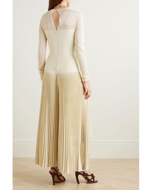 Ralph Lauren Natural Tulle-Trimmed Plissé-Knit Jumpsuit
