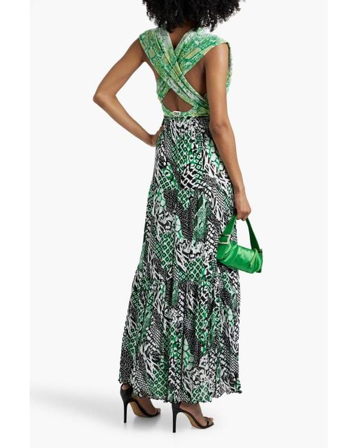 Diane von Furstenberg Drew Tiered Snake-Print Mesh Maxi Dress in Green |  Lyst