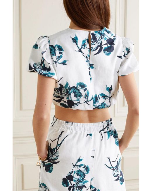 Erdem Blue Romi Cropped Floral-Print Linen Top