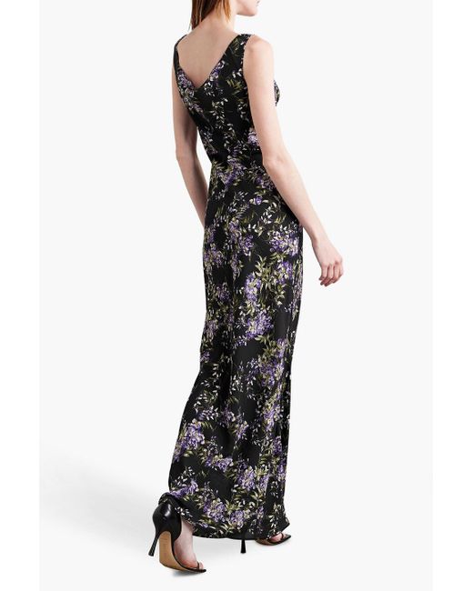 Norma Kamali Black Draped Floral-print Chiffon Gown