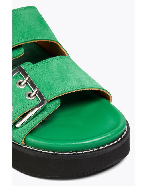 Ganni Green Buckled Suede Platform Sandals