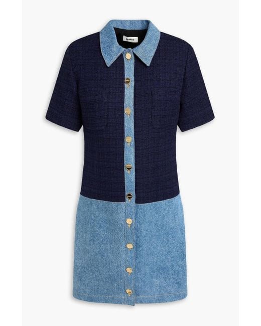 Sandro Blue Denim-paneled Tweed Mini Shirt Dress
