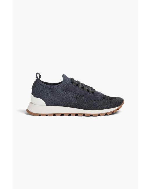 Brunello Cucinelli Blue Sneakers aus metallic-strick mit zierperlen