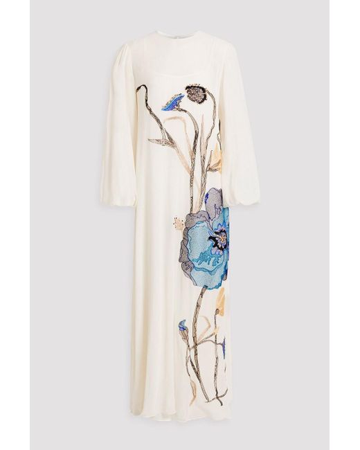 Costarellos Blue Embroidered Silk-blend Gown