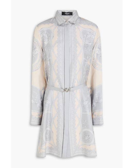 Versace White Belted Printed Silk-Twill Mini Shirt Dress