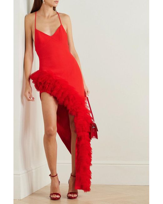 David Koma Red Asymmetric Tulle-trimmed Wool-crepe Maxi Dress