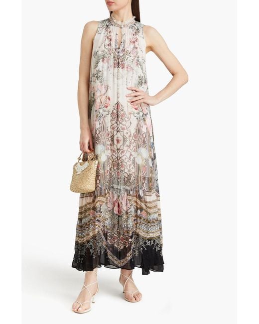 Camilla White Crystal-embellished Printed Silk-crepon Maxi Dress