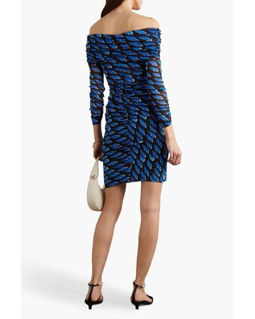 Diane von Furstenberg Blue Ganesa Off-the-shoulder Printed Stretch-mesh Mini Dress