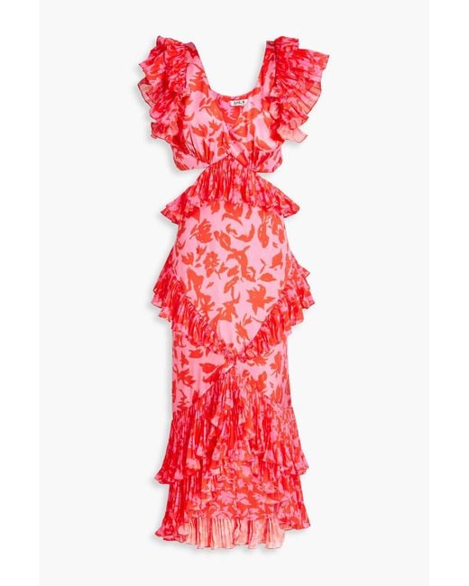 AMUR Red Open-back Ruffled Printed Satin-paneled Silk-crepe Midi Dress