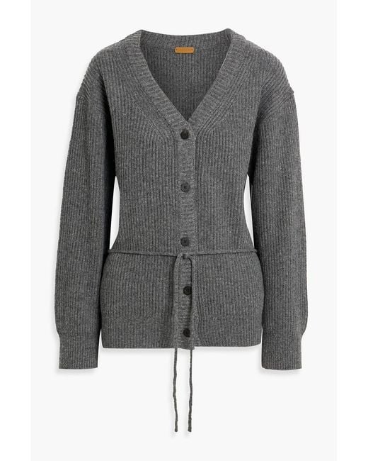 LE17SEPTEMBRE Gray Tie-Detailed Ribbed Wool-Blend Cardigan