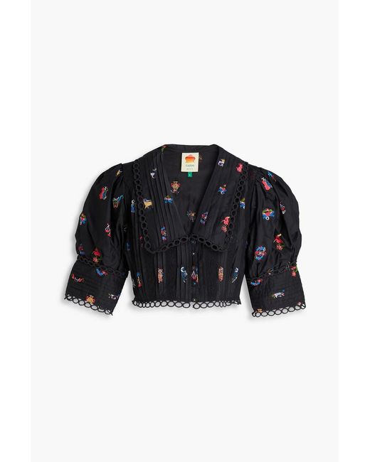 Farm Rio Black Cropped Embroidered Cotton Shirt