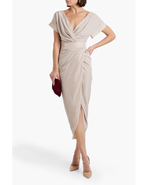 Rhea Costa Natural Wrap-effect Draped Glittered Jersey Midi Dress