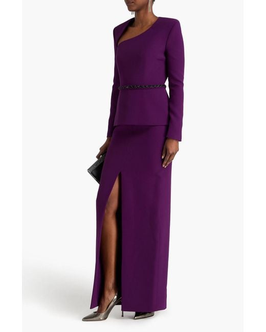 Safiyaa Purple Belted Crystal-Embellished Stretch-Crepe Peplum Maxi Dress