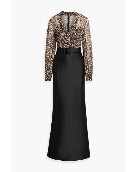 Badgley Mischka Black Leopard-Print Chiffon And Satin-Twill Gown
