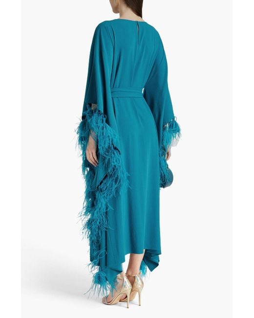 Huishan Zhang Blue Palma Belted Feather-trimmed Crepe Kaftan
