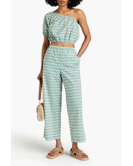 Onia Blue Bedrucktes cropped oberteil aus baumwollpopeline mit asymmetrischer schulterpartie