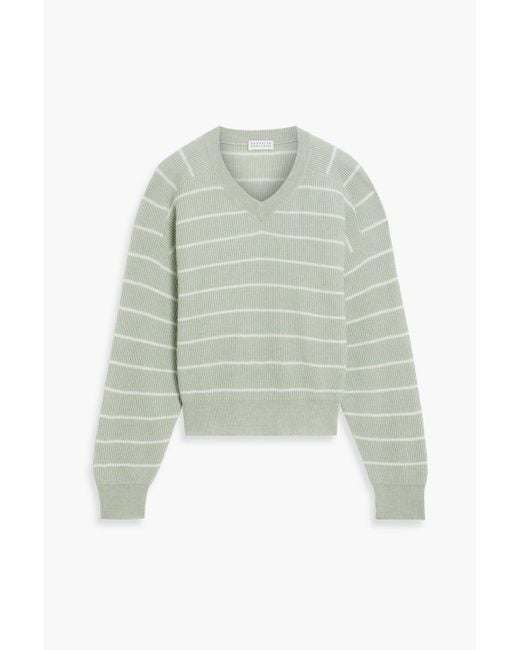 Brunello Cucinelli Green Striped Ribbed Cotton And Alpaca-Blend Sweater