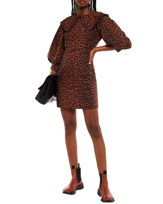 Ganni Ruffle-trimmed Floral-print Cotton-poplin Mini Dress in Animal Print  (Brown) - Lyst