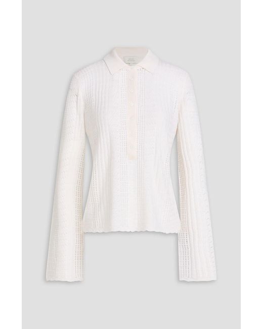Loulou de Saison White Tiha Pointelle-Knit Wool-Blend Polo Sweater