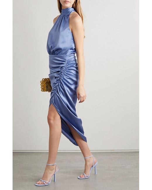 Veronica Beard Blue Gabriella Ruched Stretch Silk-blend Satin Halterneck Midi Dress