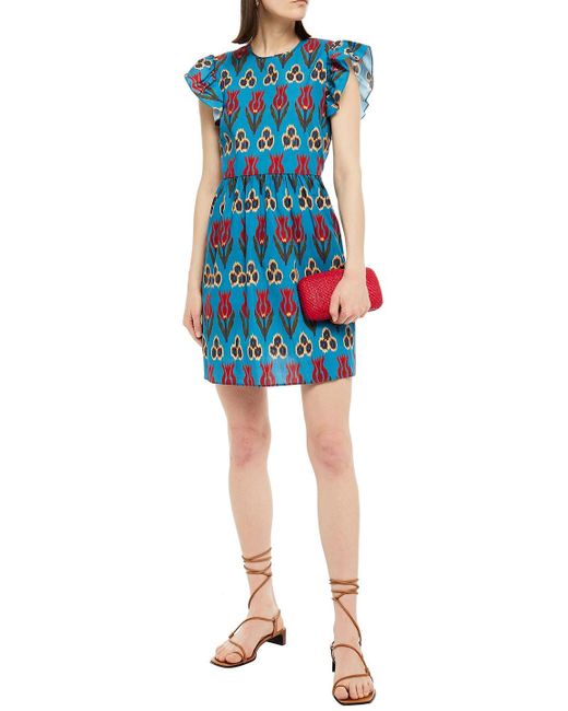 RED Valentino Blue Open-back Printed Cotton-poplin Mini Dress