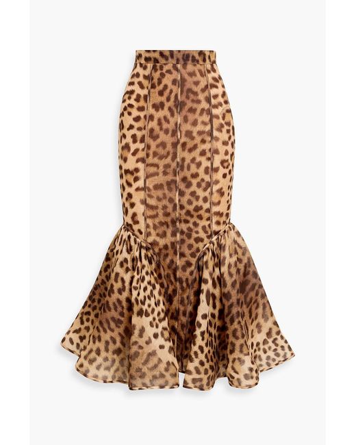 Zimmermann Natural Fluted Leopard-Print Linen And Silk-Blend Gauze Midi Skirt