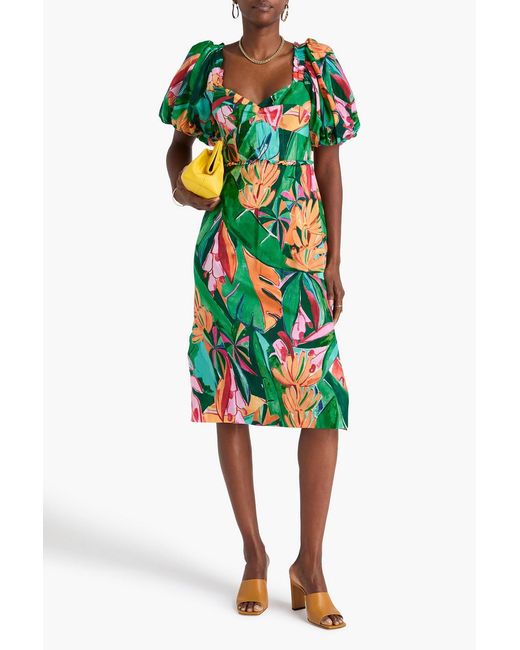 Farm Rio Green Ruffled Printed Cotton-Blend Midi Dress