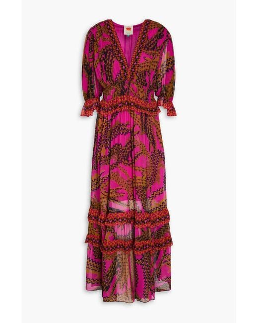 Farm Rio Red Ruffled Printed Georgette Maxi Dress