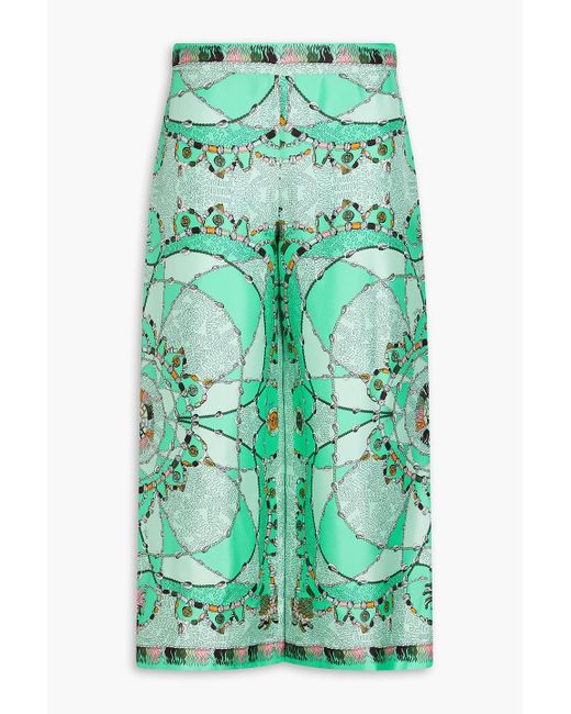 Emilio Pucci Green Cropped Printed Silk-twill Wide-leg Pants