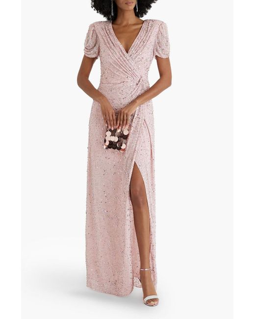 Jenny Packham Pink Wrap-effect Embellished Chiffon Gown