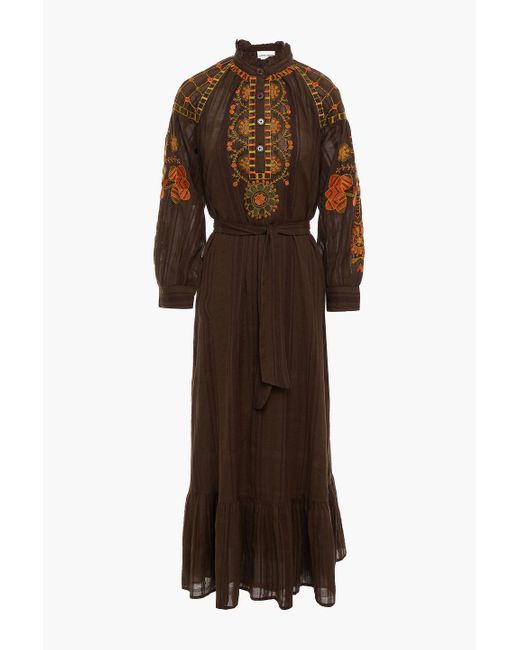 Antik Batik Brown Cami Belted Embroidered Cotton-gauze Midi Dress