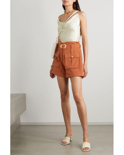 Jonathan Simkhai Orange Rami Belted Cotton And Linen-blend Jacquard Shorts