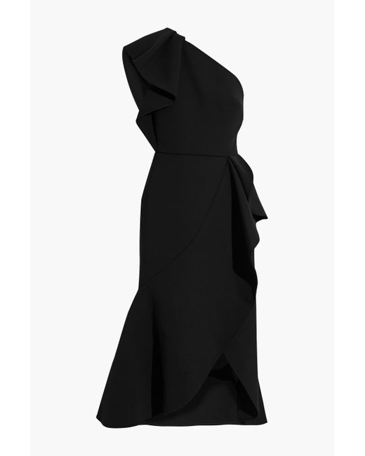 Elie Saab Black One-shoulder Ruffled Crepe Midi Dress