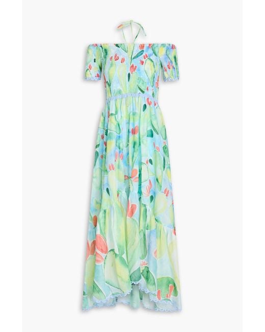 Charo Ruiz Green Cold-Shoulder Printed Cotton-Blend Voile Midi Dress