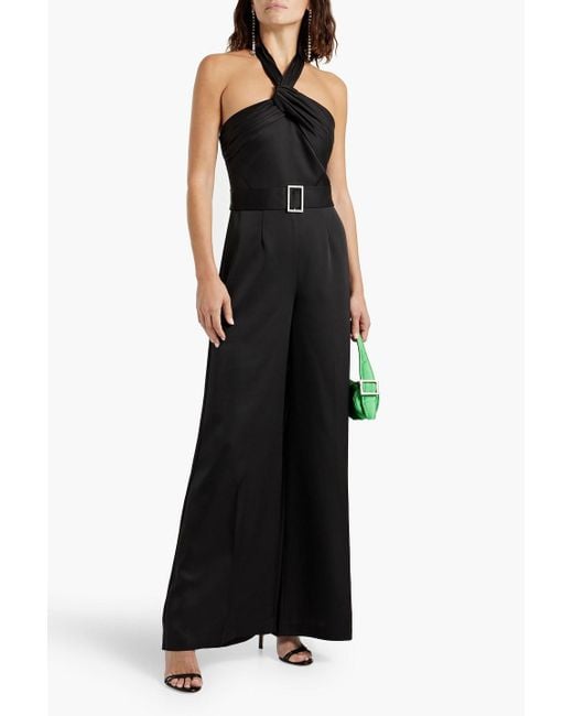 Halston Heritage Black Kani Crystal-embellished Satin-crepe Wide-leg Halterneck Jumpsuit
