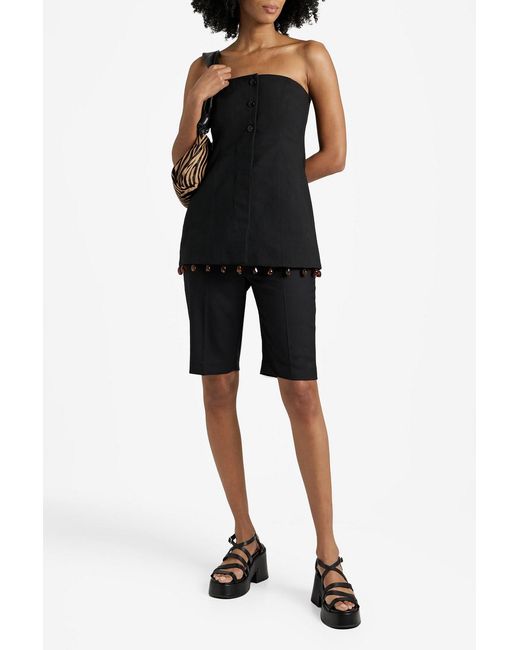 Ganni Black Strapless Bead-embellished Cotton Top