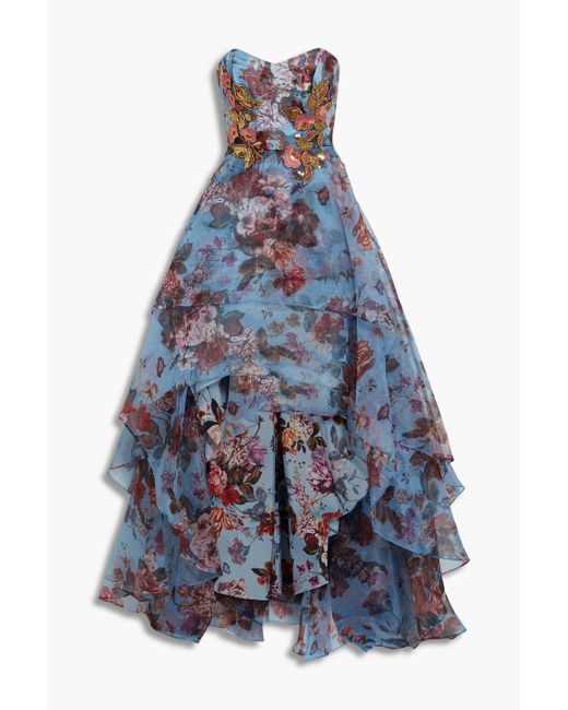 Marchesa Blue Strapless Embellished Floral-print Organza Gown