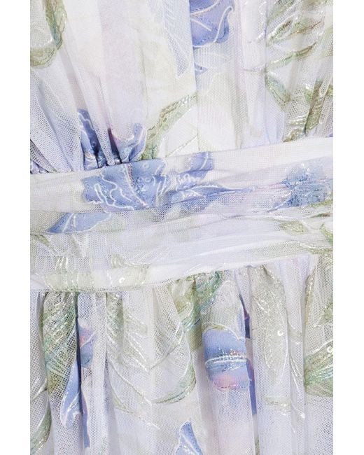 Badgley Mischka White Embellished Floral-print Tulle Maxi Dress