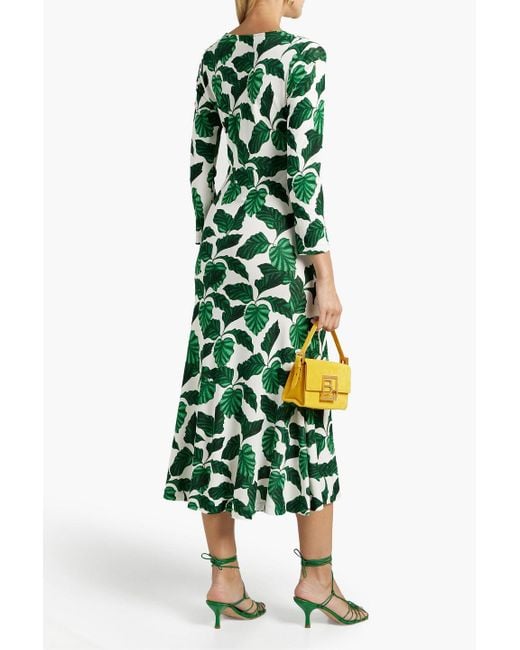 Diane von Furstenberg Green Timmy Ruched Printed Jersey Midi Dress
