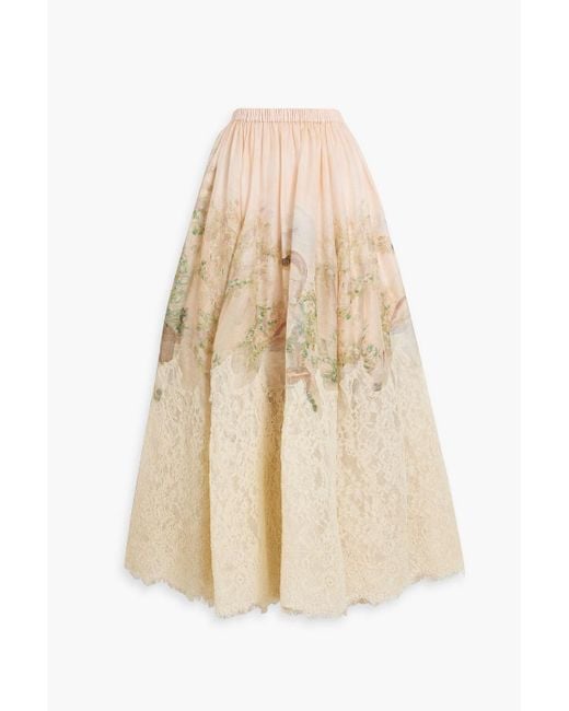 Zimmermann Natural Corded Lace-paneled Printed Cotton And Linen-blend Maxi Skirt