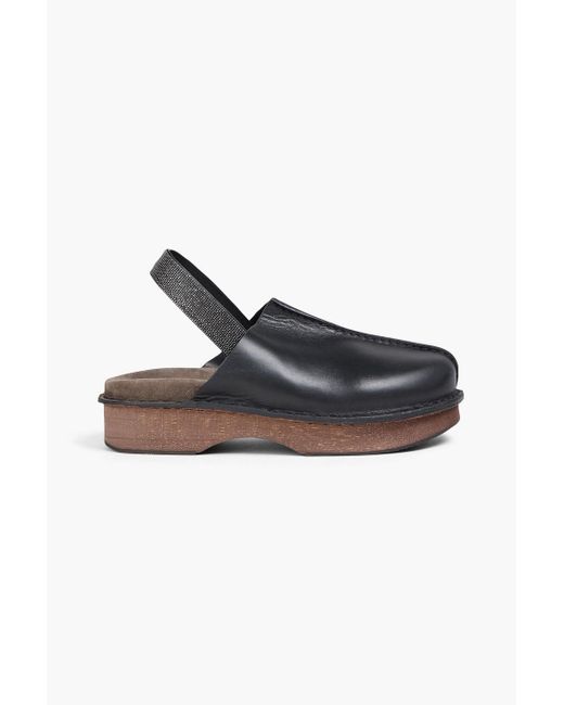 Brunello Cucinelli Black Bead-embellished Leather Slingback Clogs