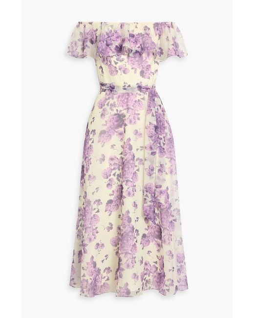 Mikael Aghal Pink Off-The-Shoulder Floral-Print Chiffon Midi Dress